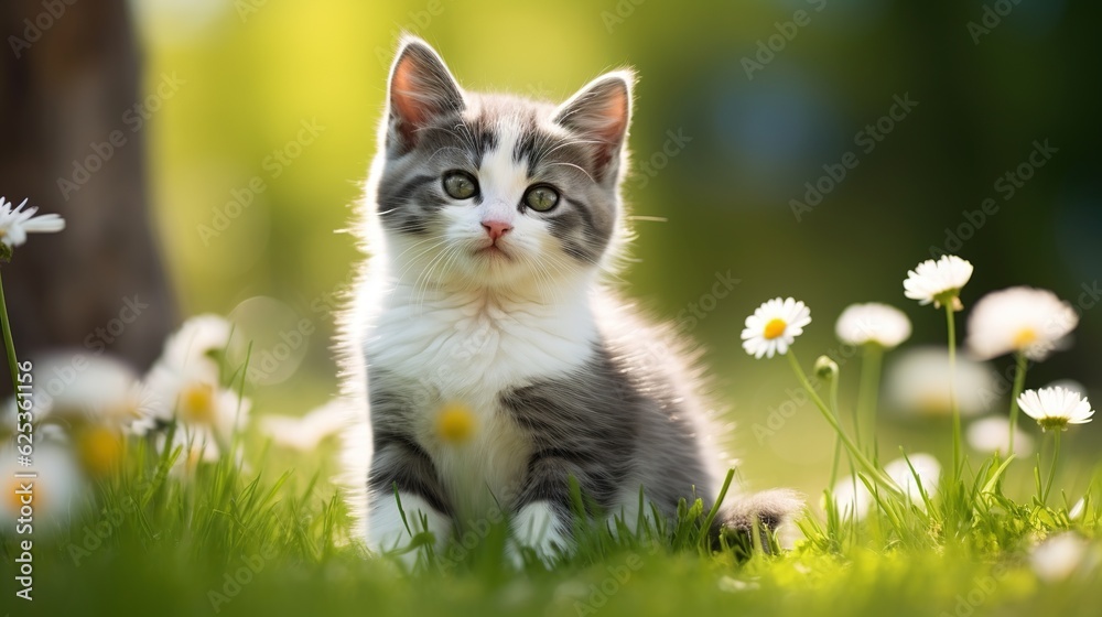 Pretty grey and white kitten outdoors on the grass with generative ai