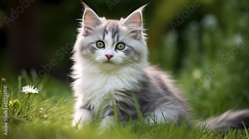 Pretty grey and white kitten outdoors on the grass with generative ai