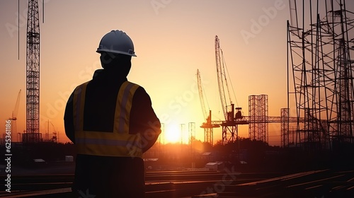 Silhouette engineer standing orders for construction crews to work on high ground heavy industry and safety concept over blurred nature background sunset with generative ai