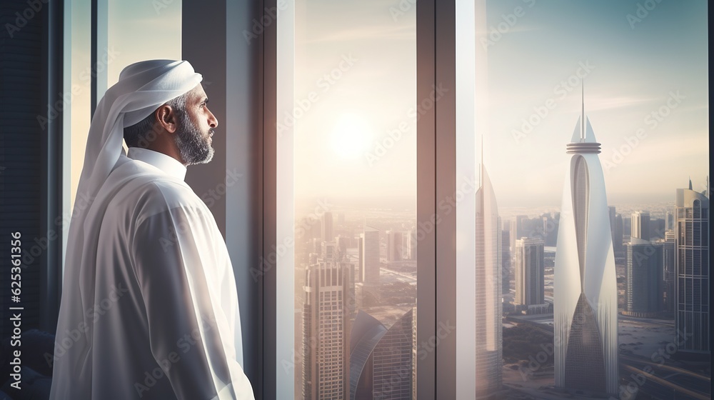 Successful Muslim Businessman in Traditional White Outfit Standing in His Modern Office Looking out of the Window on Big City with Skyscrapers with generative ai