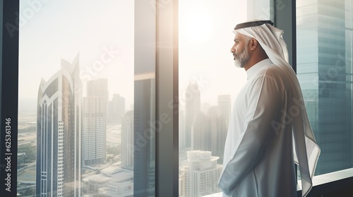 Successful Muslim Businessman in Traditional White Outfit Standing in His Modern Office Looking out of the Window on Big City with Skyscrapers with generative ai