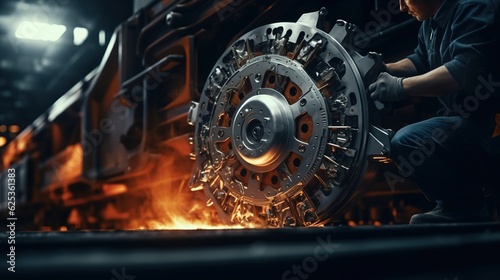 Team engineer use wrench repair train wheel, double exposure with bokeh with generative ai