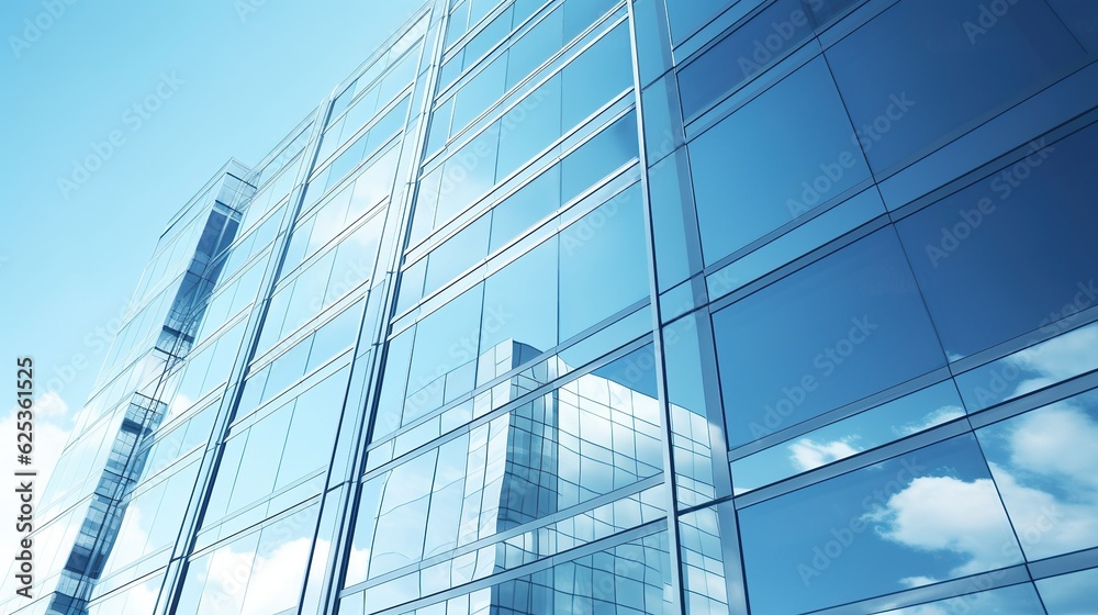 Windows of Skyscraper Business Office with blue sky, Corporate building in city with generative ai Windows of Skyscraper Business Office with blue sky, Corporate building in city with generative ai