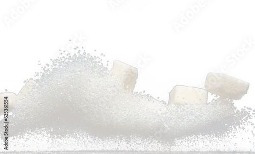 Photo Pure Refined Sugar cube flying explosion, white crystal sugar abstract cloud fly