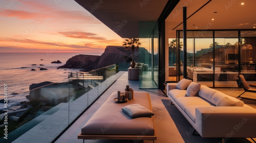 Fototapeta premium Contemporary villa with floor to ceiling windows offering breathtaking views of the ocean in Malibu, California