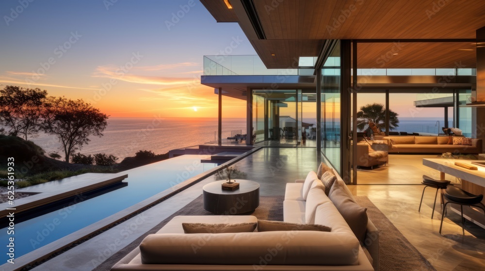 Fototapeta premium Contemporary villa with floor to ceiling windows offering breathtaking views of the ocean in Malibu, California