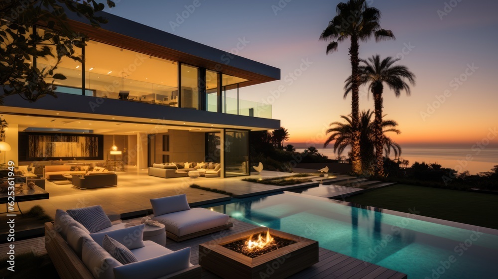 Fototapeta premium Contemporary villa with floor to ceiling windows offering breathtaking views of the ocean in Malibu, California