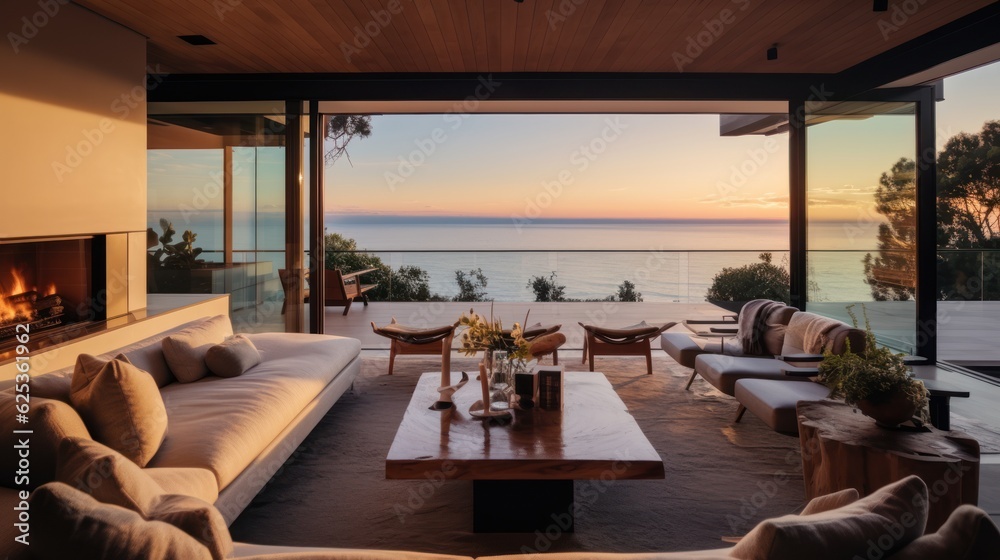 Contemporary villa with floor to ceiling windows offering breathtaking views of the ocean in Malibu, California