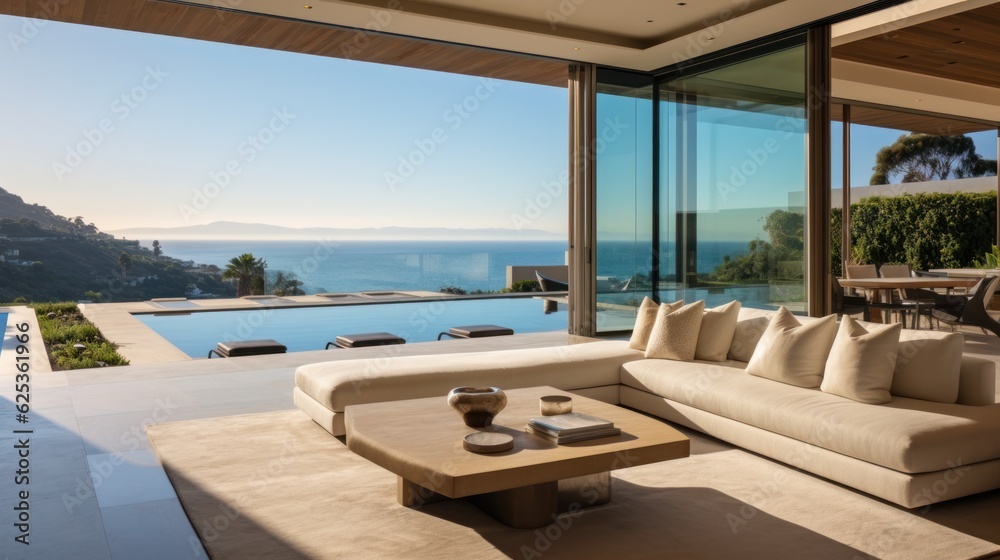 Contemporary villa with floor to ceiling windows offering breathtaking views of the ocean in Malibu, California