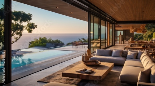 Contemporary villa with floor to ceiling windows offering breathtaking views of the ocean in Malibu  California