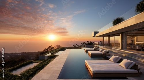 Contemporary villa with floor to ceiling windows offering breathtaking views of the ocean in Malibu, California © Damian Sobczyk