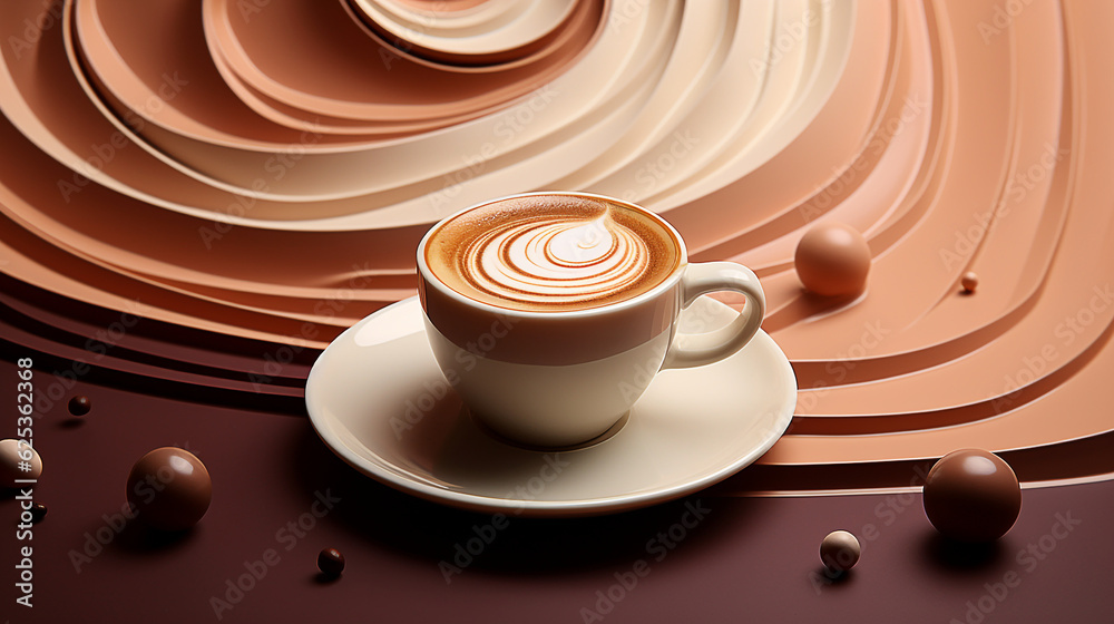 Obraz premium Coffee-themed Vibrant 3D Art in Deep Mocha and Cream Hues: Vibrant and Minimalistic Design Perfect for Modern Interiors, Decorative Prints, and Contemporary Beverage Themes