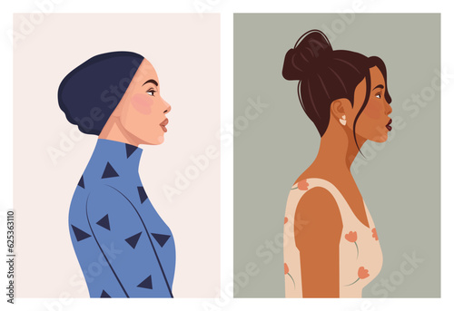 Set of diverse female face portraits of different ethnicity, hairstyles and ages. diversity. Women's empowerment movement.
