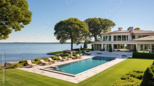 Mediterranean inspired villa with a sprawling garden and a private beach access in the exclusive Hamptons, New York