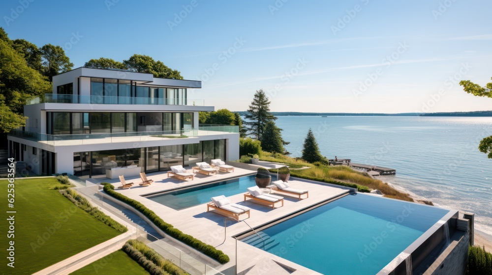Fototapeta premium Mediterranean inspired villa with a sprawling garden and a private beach access in the exclusive Hamptons, New York