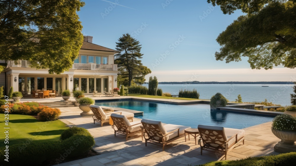 Fototapeta premium Mediterranean inspired villa with a sprawling garden and a private beach access in the exclusive Hamptons, New York