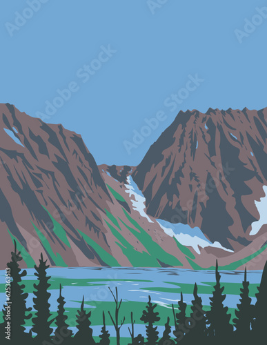 WPA poster art of Aasgard Pass or Colchuck Pass in the Enchantments within Alpine Lakes Wilderness of the Cascade Mountain Range in Washington State USA done in works project administration.