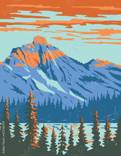 WPA poster art of Lila Lake on Rampart Ridge with Hibox Mountain in the Enchantments Alpine Lakes Wilderness of the Cascade Mountain Range in Washington State USA done in works project administration.