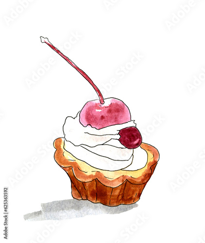 Watercolor Cherry Cupcake Illustration Isolated on White Background 