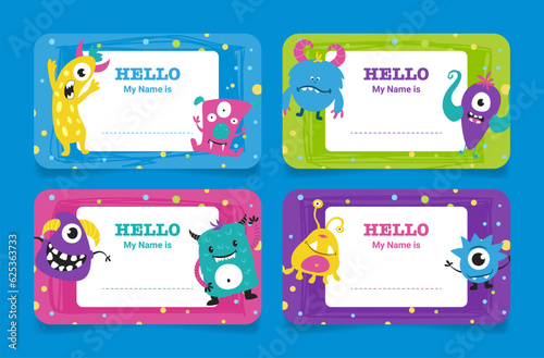 Name tag for kids with funny aliens monster character and place for text set vector illustration