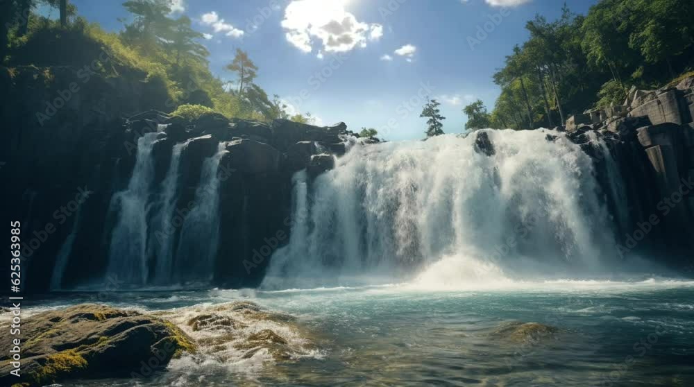 Waterfall into river, mystical, fantasy, fairy tale, magical, daytime, generative AI