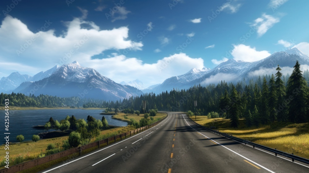 Fototapeta premium Mountains lake highway with beautiful views game art