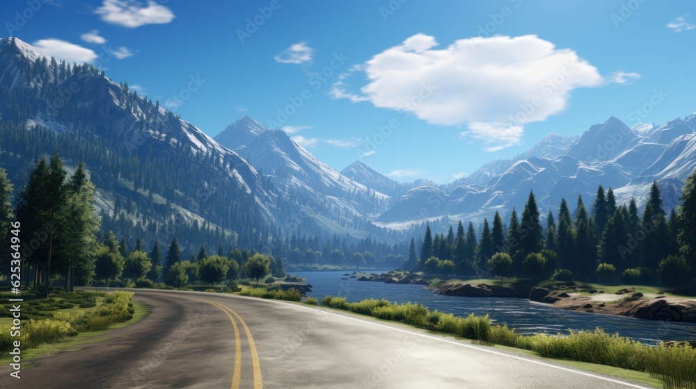 Mountains lake highway with beautiful views game art Mountains lake highway with beautiful views game art