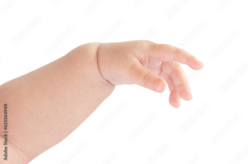 Close up newborn baby hand isolated on white background, daycare nursery Close up newborn baby hand isolated on white background, daycare nursery
