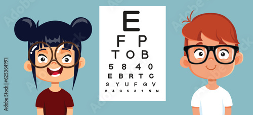 Little Kids Wearing Corrective Glasses Vector Cartoon Illustration. Happy Cheerful children having their eyesight checked 
