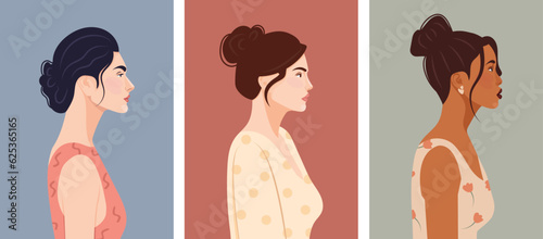 Set of diverse female face portraits of different ethnicity, hairstyles and ages. diversity. Women's empowerment movement. Vector flat illustration, banner or poster. Avatars for social networks.