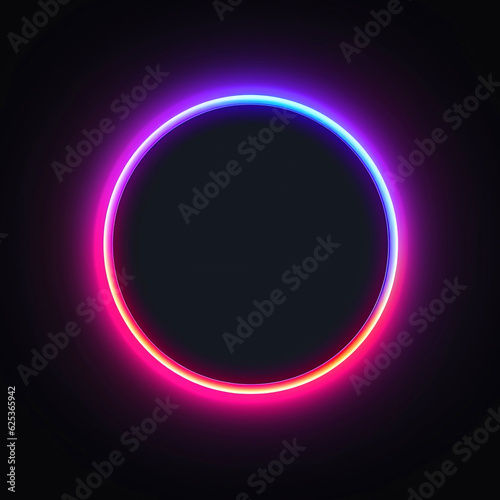 Neon colors glowing circle on back background, template for design, ai generated