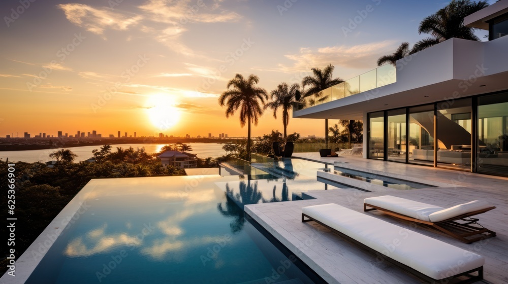 Fototapeta premium Modern villa with a private rooftop infinity pool overlooking the Miami skyline in Florida