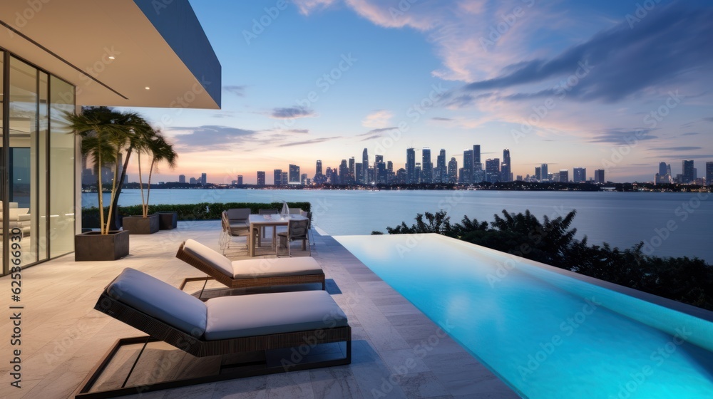 Fototapeta premium Modern villa with a private rooftop infinity pool overlooking the Miami skyline in Florida