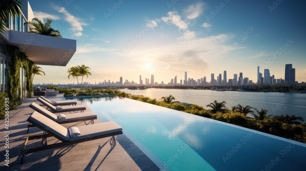 Fototapeta premium Modern villa with a private rooftop infinity pool overlooking the Miami skyline in Florida