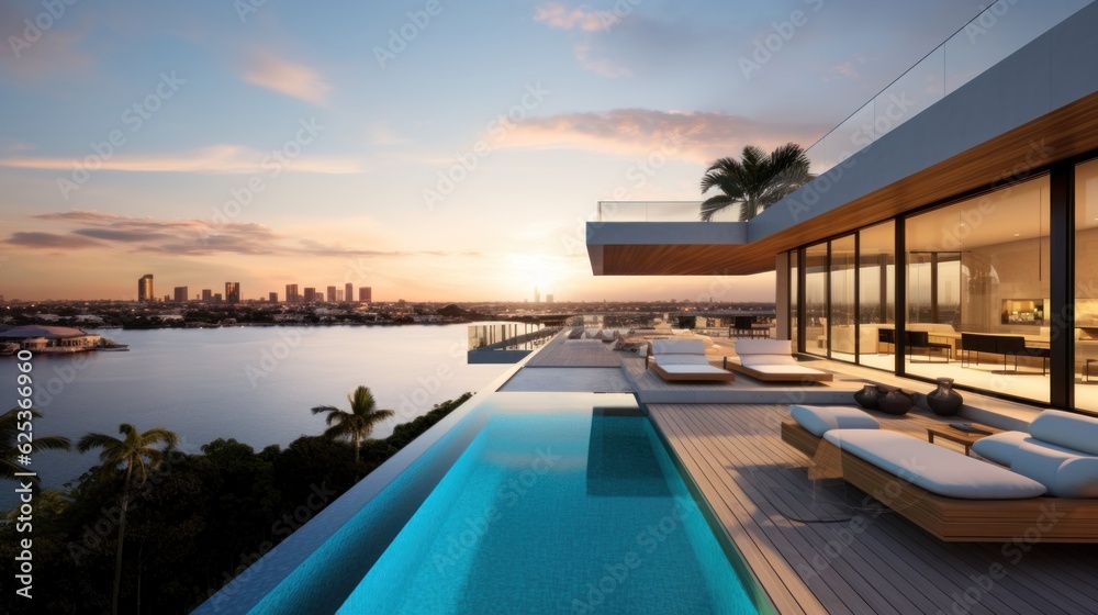 Fototapeta premium Modern villa with a private rooftop infinity pool overlooking the Miami skyline in Florida