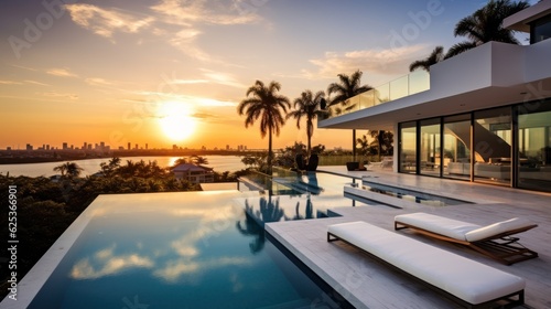 Billede på lærred Modern villa with a private rooftop infinity pool overlooking the Miami skyline
