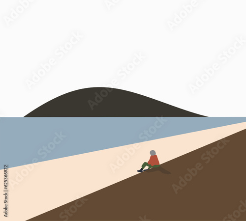 Old man sitting near the lake, Autumn Nature. Thinking, contemplation relaxing, concentration, loneliness concept.