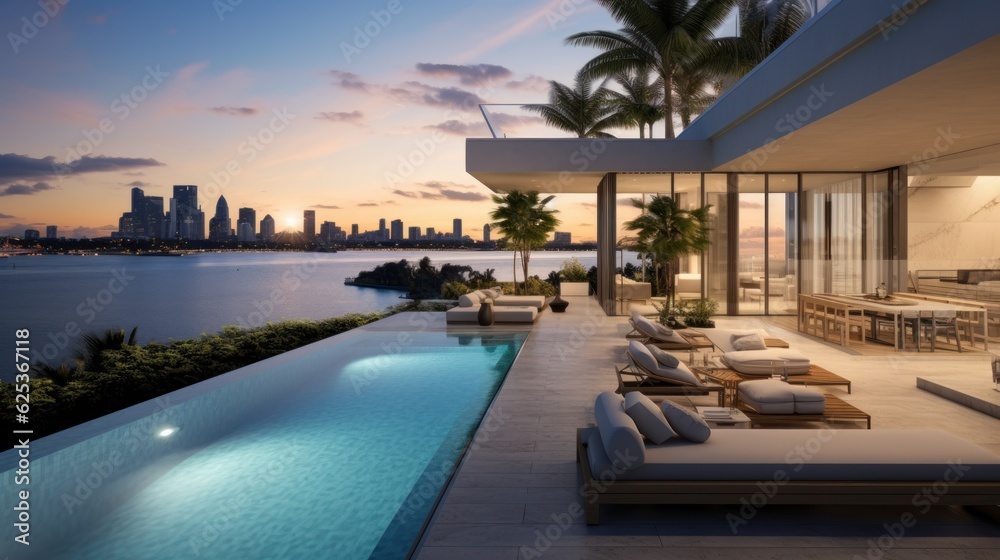 Modern villa with a private rooftop infinity pool overlooking the Miami skyline in Florida