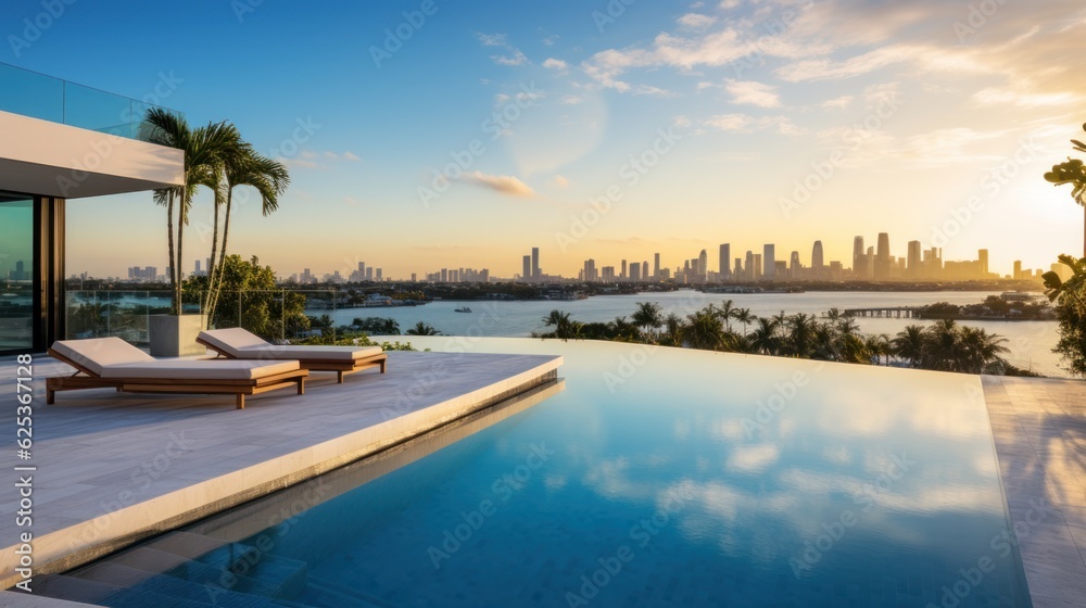 Modern villa with a private rooftop infinity pool overlooking the Miami skyline in Florida