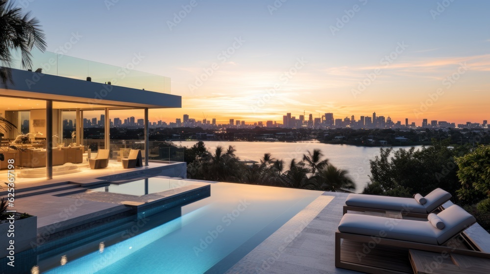 Fototapeta premium Modern villa with a private rooftop infinity pool overlooking the Miami skyline in Florida