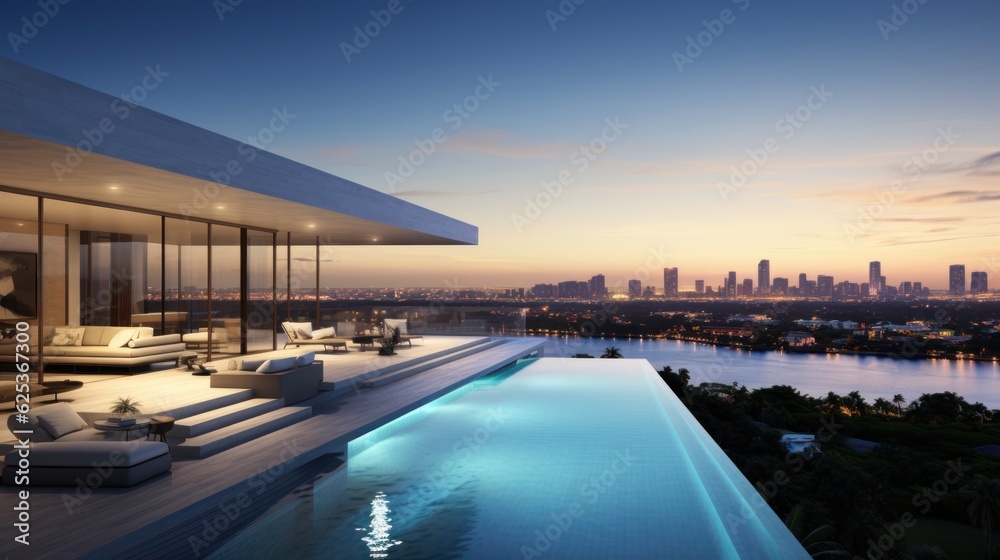 Fototapeta premium Modern villa with a private rooftop infinity pool overlooking the Miami skyline in Florida
