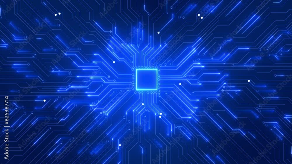 4K 3D Computer processor CPU Processor starting booting Circuit Burst Digital Energy Explosion. Particles Energy flowing through circuits screen, visualizing digital impact. Artificial Intelligence