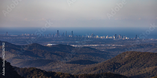 panorama of gold coast as seen from springbrook national park mountains; gold coast skyline, concrete jungle;