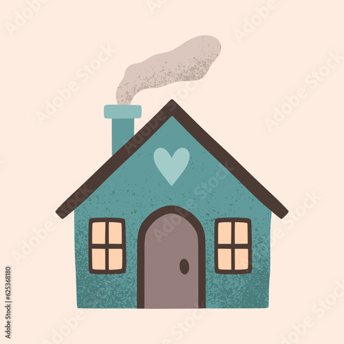 A house in a naive children's style. An illustration of a cartoon primitive autumn-colored house. Clipart for the design of greeting cards, invitations, prints, stickers and patterns. 