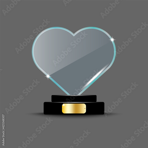 Glass award, trophy in the form of a heart. Glass heart on a stand. Vector illustration. stock image.