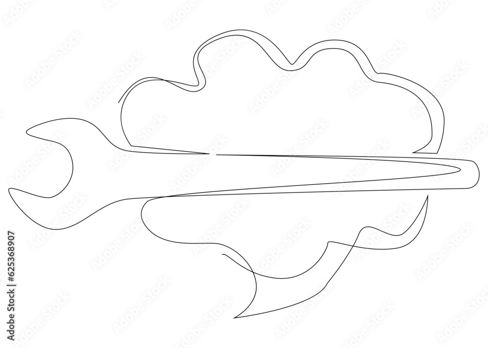 One continuous line of speech bubble with Wrench. Thin Line Illustration vector concept. Contour Drawing Creative ideas. One continuous line of speech bubble with Wrench. Thin Line Illustration vector concept. Contour Drawing Creative ideas.