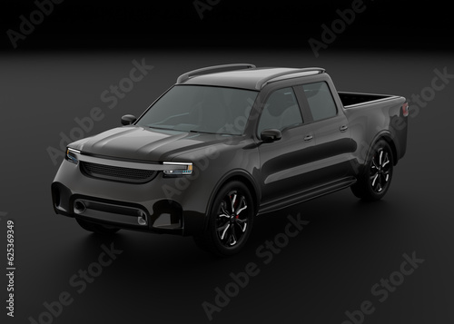 Black Electric Pickup Truck on black background. Generic design. 3D rendering image.