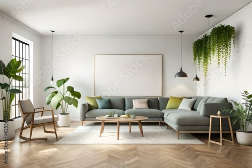 farmhouse interior living room  empty wall mockup in white room with wooden furniture and lots of greenery  3d rendering