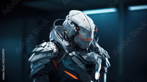 a robot wearing armor with a shark head, cyberpunk style, dark background. © Pro Hi-Res