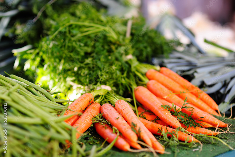 Fresh healthy bio carrots on farmer market. Local weekend agricultural fair. Homegrown produce. Fresh healthy bio carrots on farmer market. Local weekend agricultural fair. Homegrown produce.